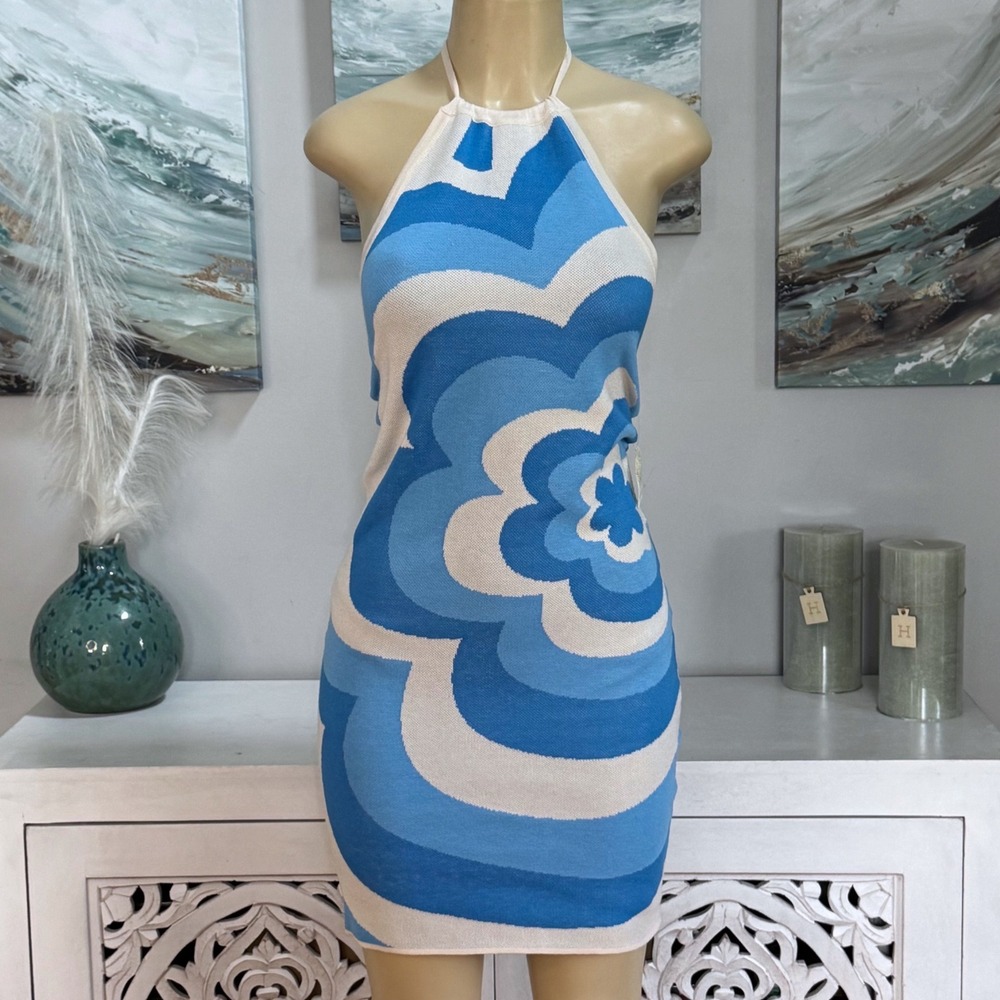 Altar'd State Blue White Retro Floral Halter Mini Dress Size L NWT